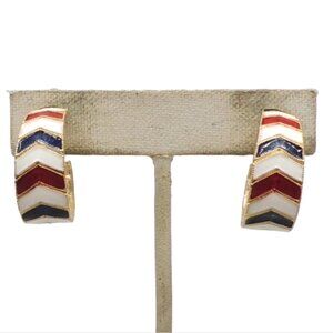 Vintage 1960s Unsigned Red White & Blue Chevron Enamel Hoop Clip Earrings